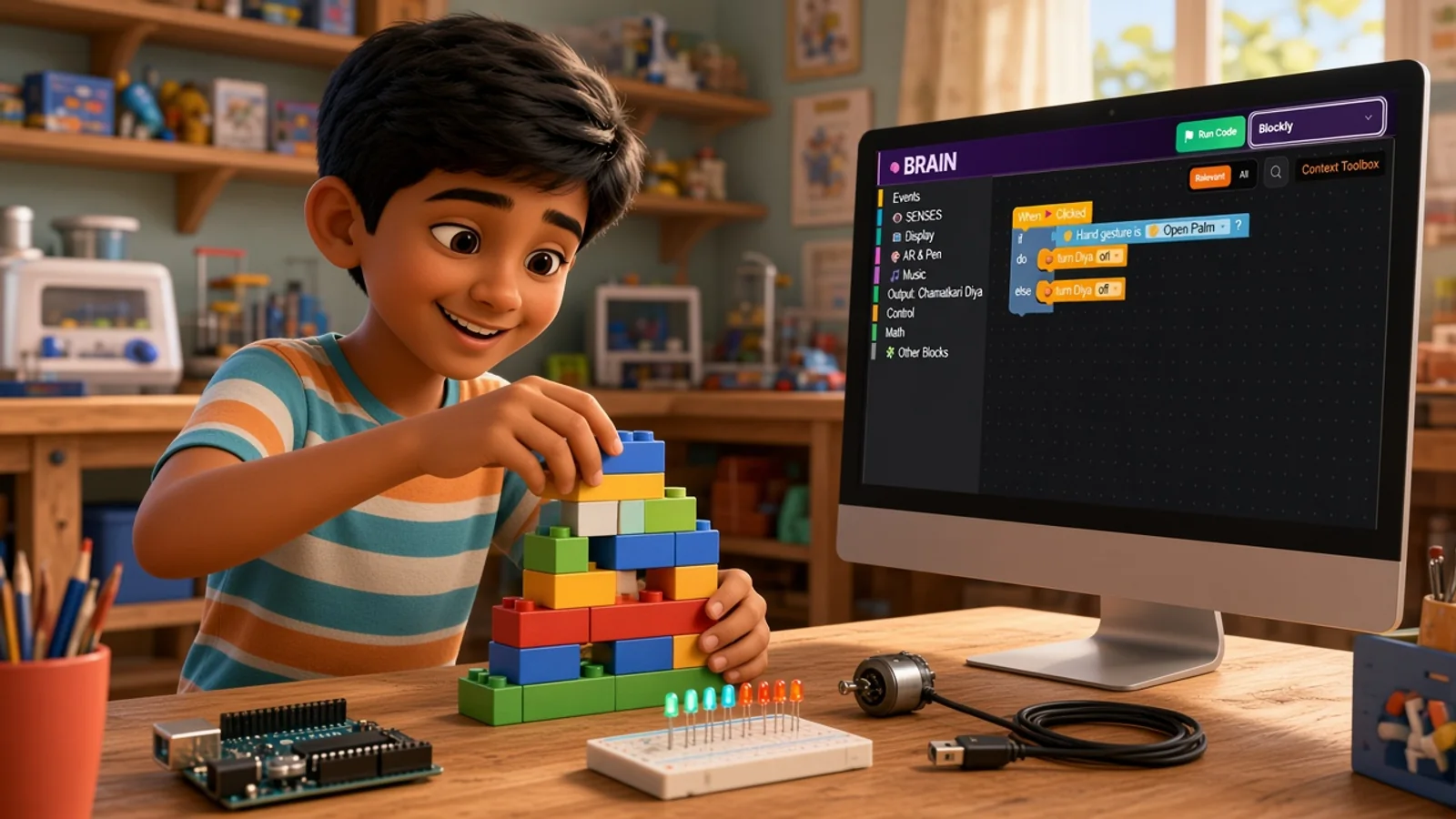 Kid stacking blocks beside a monitor showing Blockly BRAIN logic for a diya kit