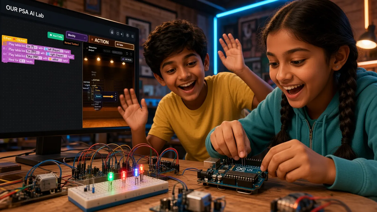Kids experimenting with Arduino, LEDs, and motors while Air Tabla ACTION runs on screen