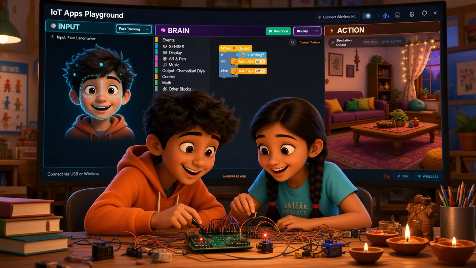 Two kids with hardware kit in front of a big monitor showing full INPUT, BRAIN, and ACTION Lab